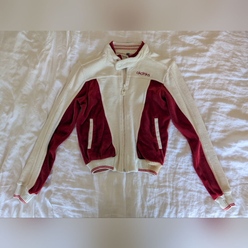 Akademiks Red and White Varsity Jacket with Ribbed Cuffs